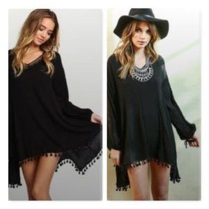 Black Tassel Gauze Caftan Dress